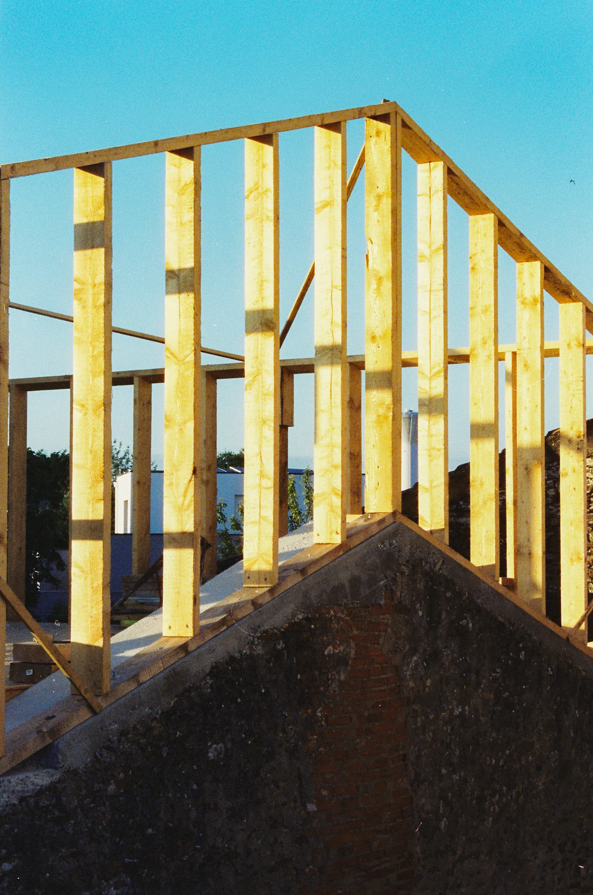 New wood wall framing on a home construction site