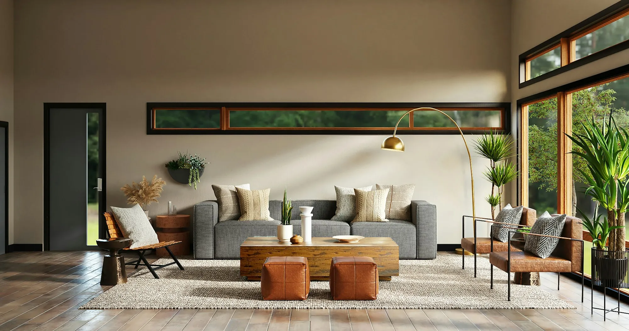 Bright living room with a long window above the sofa